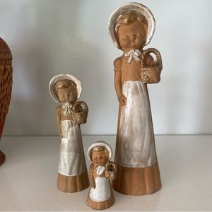 Vintage Ceramic Figures Set Boho Girls Holding Baskets Japan Sisters Friends